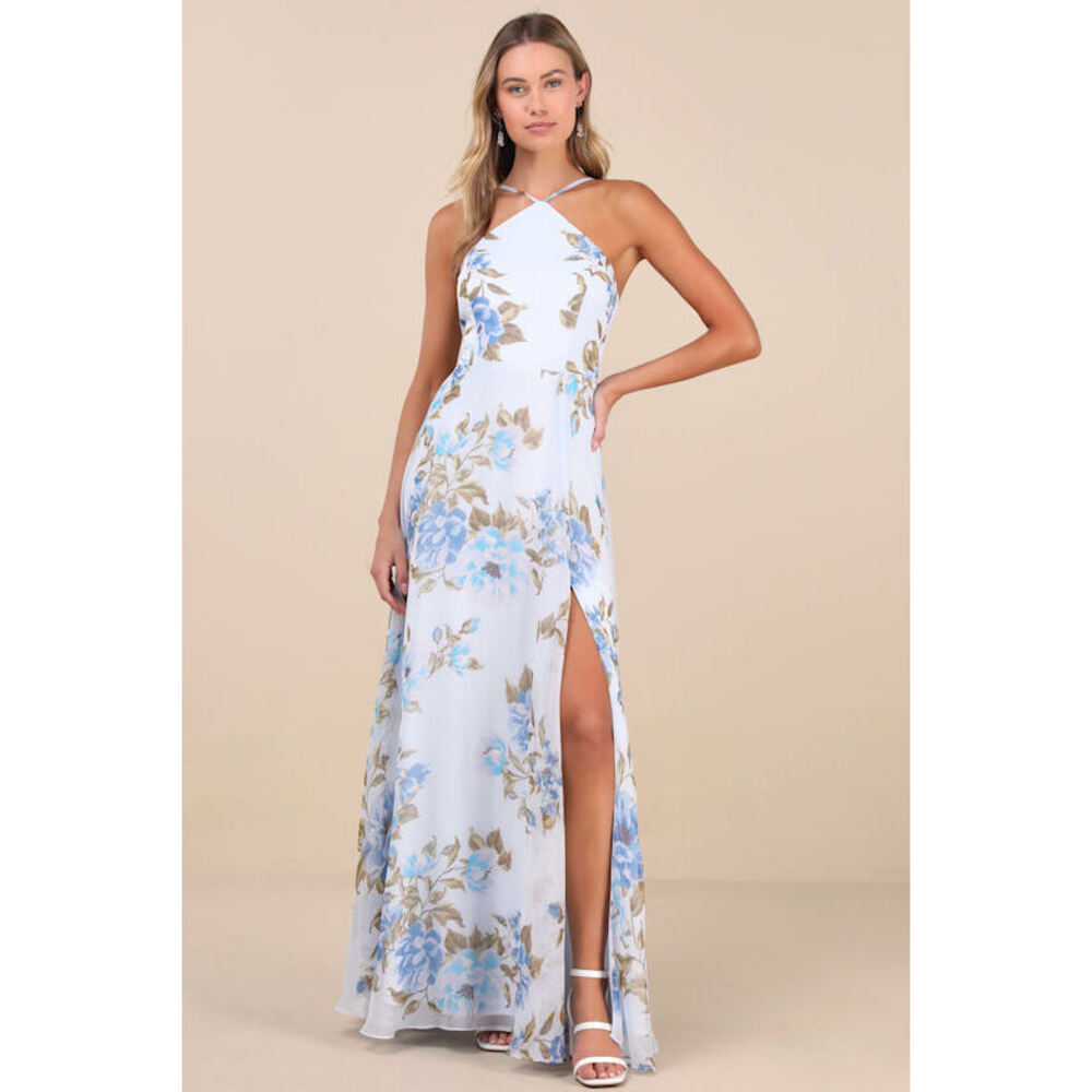 Lulus Romantic Marvel Light Blue Floral Print Halter Neck Maxi Dress - Size 1X